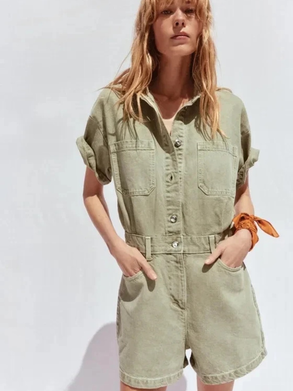 Zara Sage Green Short Sleeve Denim Romper Utility Boho Safari Large